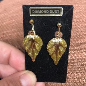 Diamond Dust Clip On Golden Leaf Earrings
